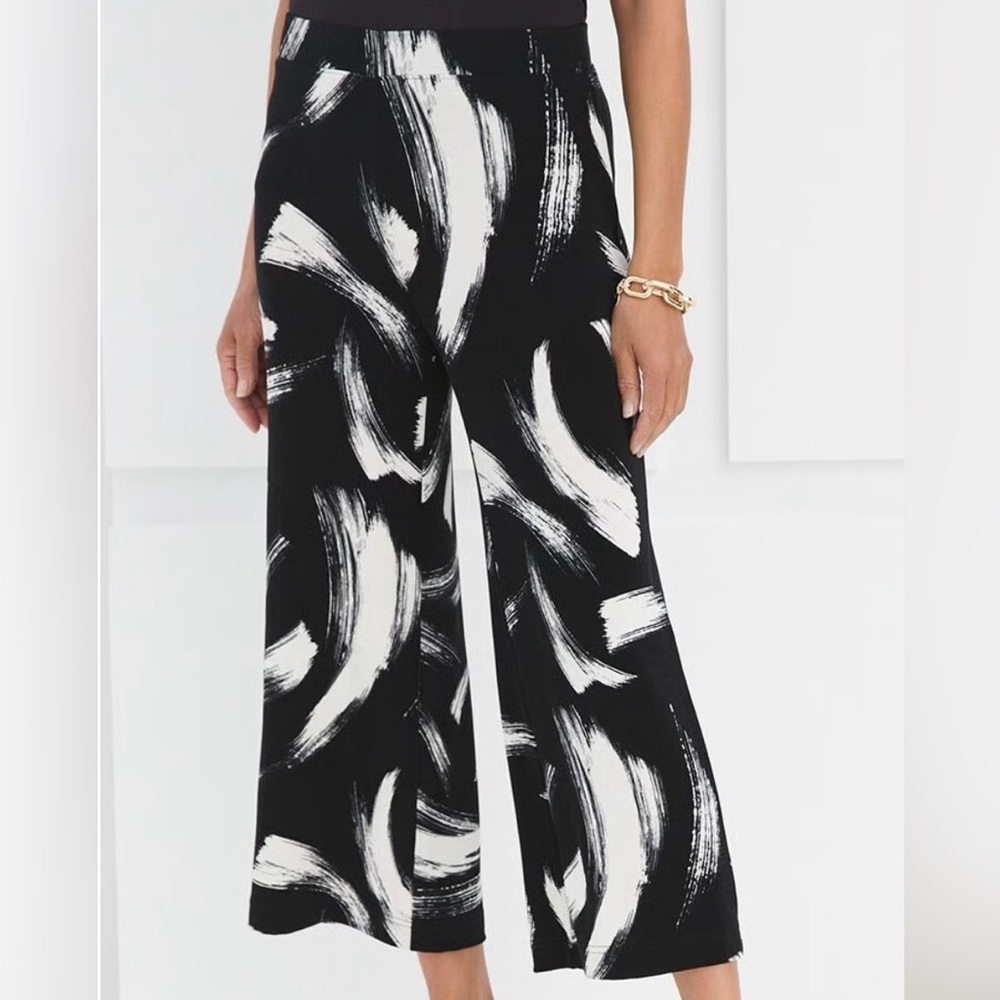 Chico’s Travelers Brush Stroke Print Cropped High Rise Slinky Knit Pants Sz L